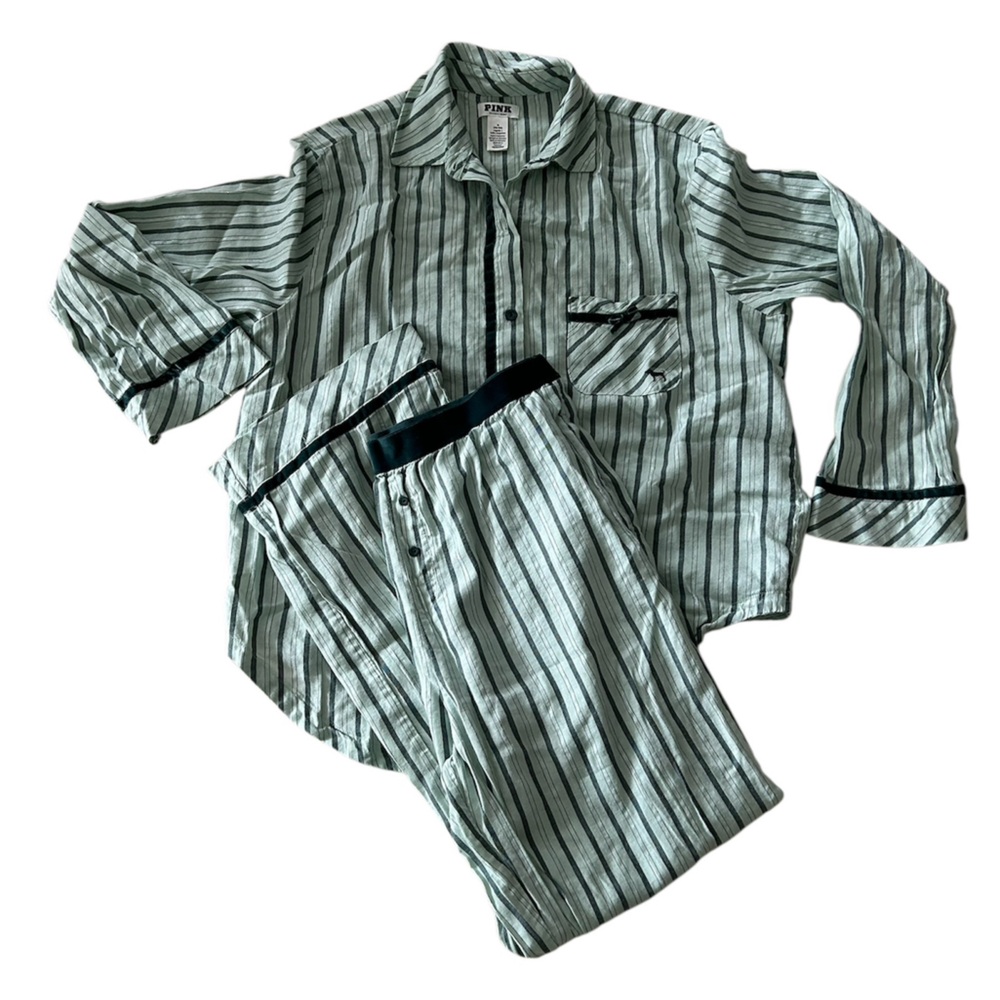 PINK Victoria's Secret Kids Pajama Set - Green and Black Stripes